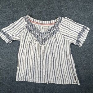 Knox Rose Top Womens Medium Multicolor Striped‎ Embroidered V Neck Boho Peasant